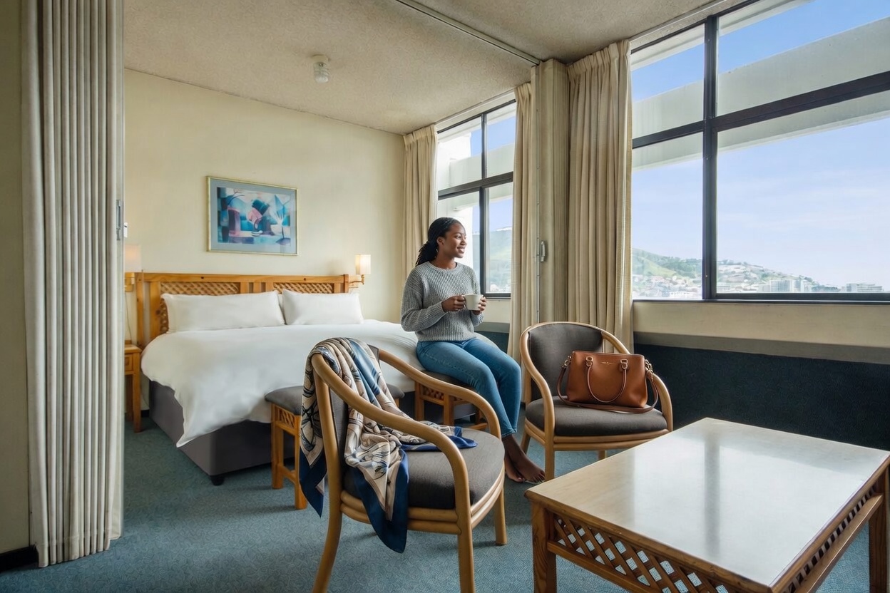 A woman sits on a chair holding a mug in a bright hotel room with a large window, bed, chairs, table, and city view outside. A brown handbag rests on a nearby chair.